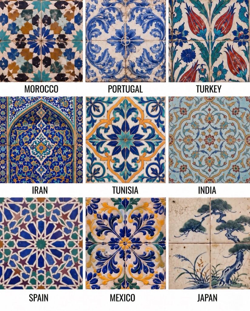 Nine countries, nine tiles. Tunisia's is the blue, green, and ochre one in the middle row.